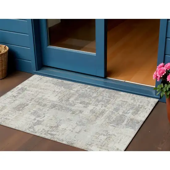 Ivory And Gray Abstract Washable Indoor Outdoor Area Rug Photo 1