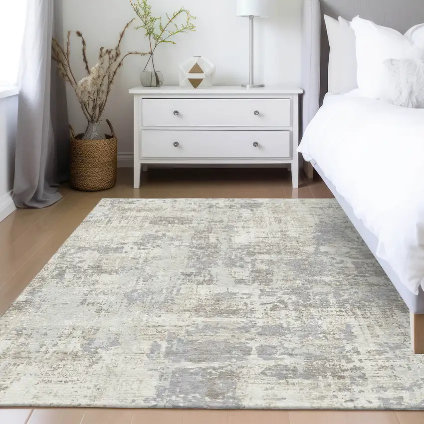 Ivory And Gray Abstract Washable Indoor Outdoor Area Rug Photo 9