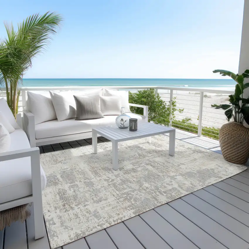 Ivory And Gray Abstract Washable Indoor Outdoor Area Rug Photo 9