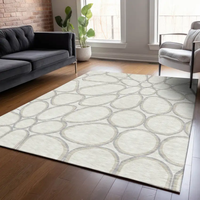 Ivory And Gray Abstract Washable Indoor Outdoor Area Rug Photo 9