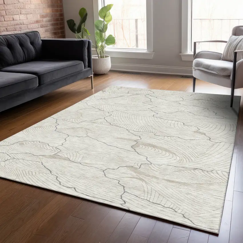Ivory And Gray Abstract Washable Indoor Outdoor Area Rug Photo 8