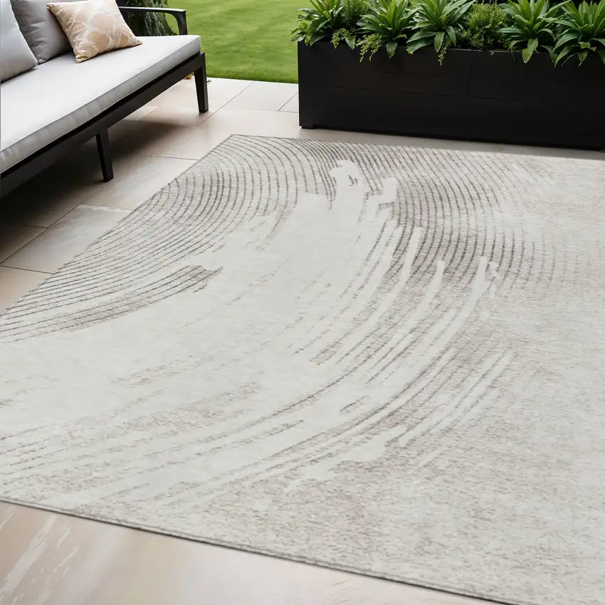 Ivory And Gray Abstract Washable Indoor Outdoor Area Rug Photo 2