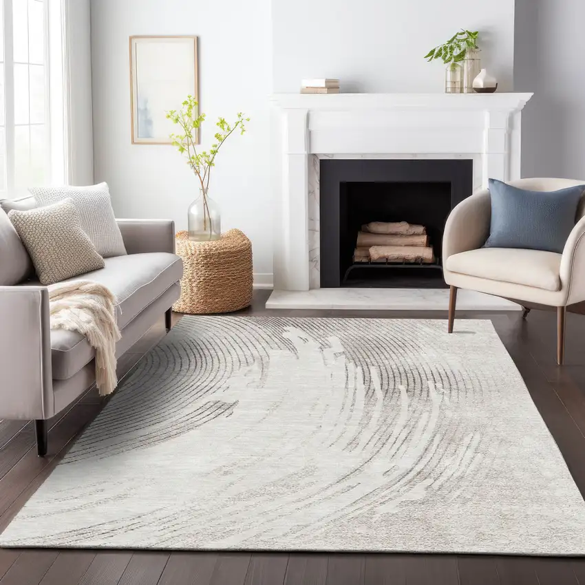 Ivory And Gray Abstract Washable Indoor Outdoor Area Rug Photo 8