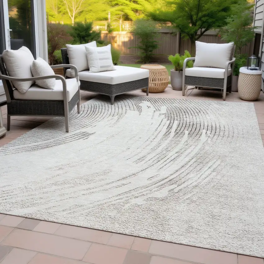 Ivory And Gray Abstract Washable Indoor Outdoor Area Rug Photo 9