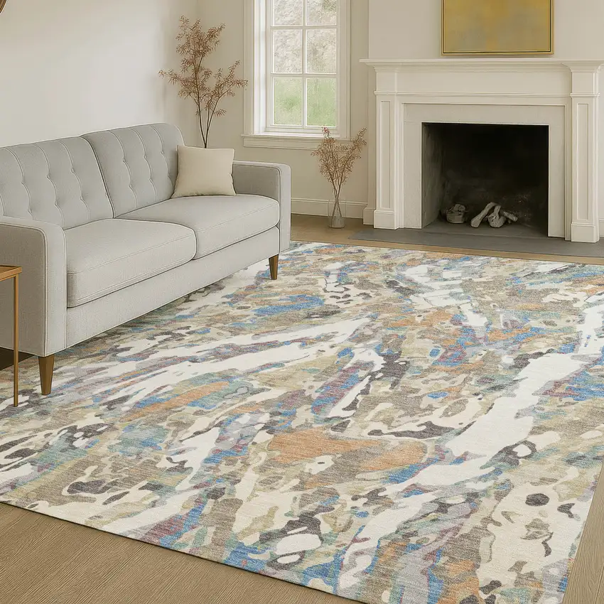 Ivory And Gray Abstract Washable Indoor Outdoor Area Rug Photo 6