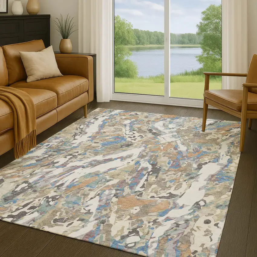Ivory And Gray Abstract Washable Indoor Outdoor Area Rug Photo 5
