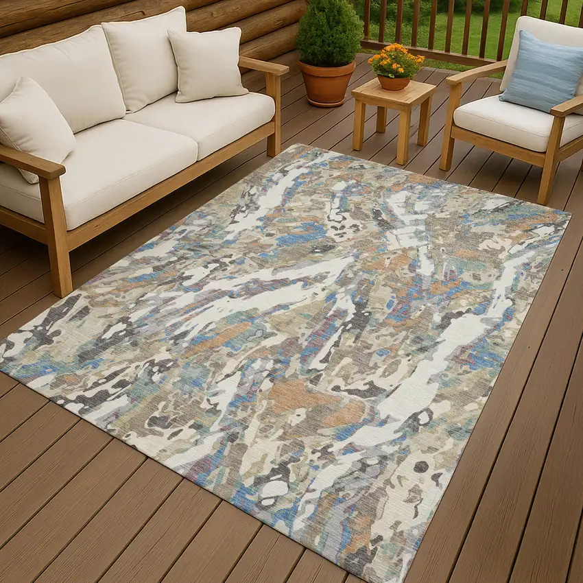 Ivory And Gray Abstract Washable Indoor Outdoor Area Rug Photo 4