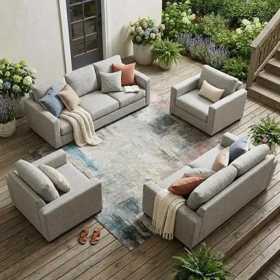 Ivory And Gray Abstract Washable Indoor Outdoor Area Rug Photo 1