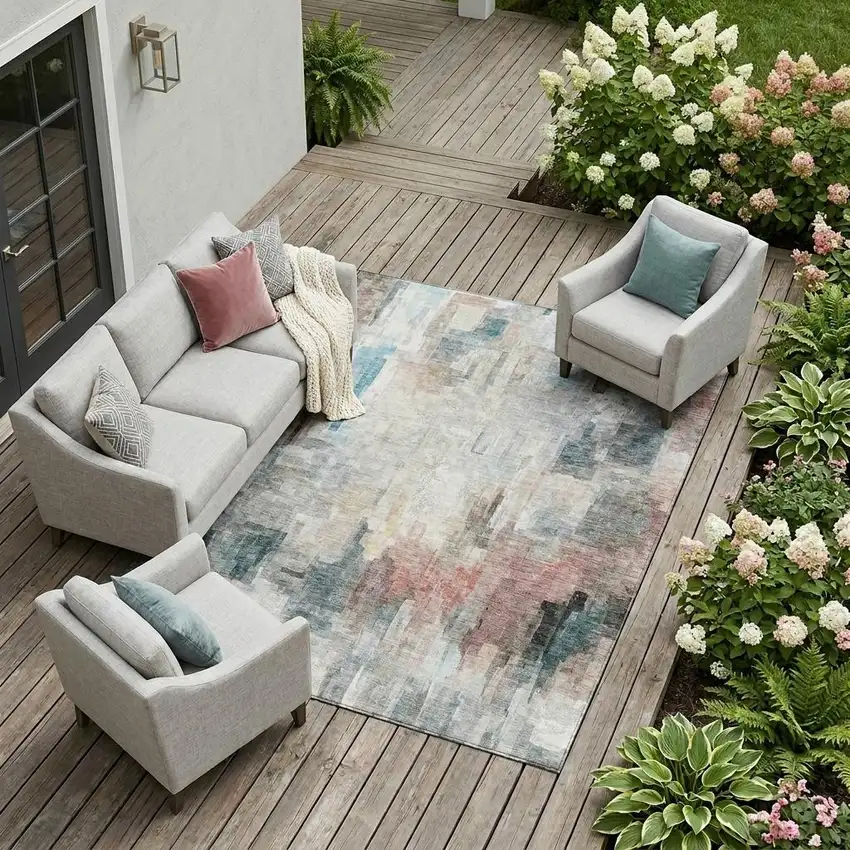 Ivory And Gray Abstract Washable Indoor Outdoor Area Rug Photo 1