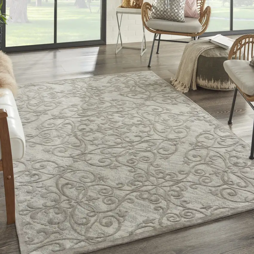 Ivory And Gray Damask Distressed Area Rug Photo 3