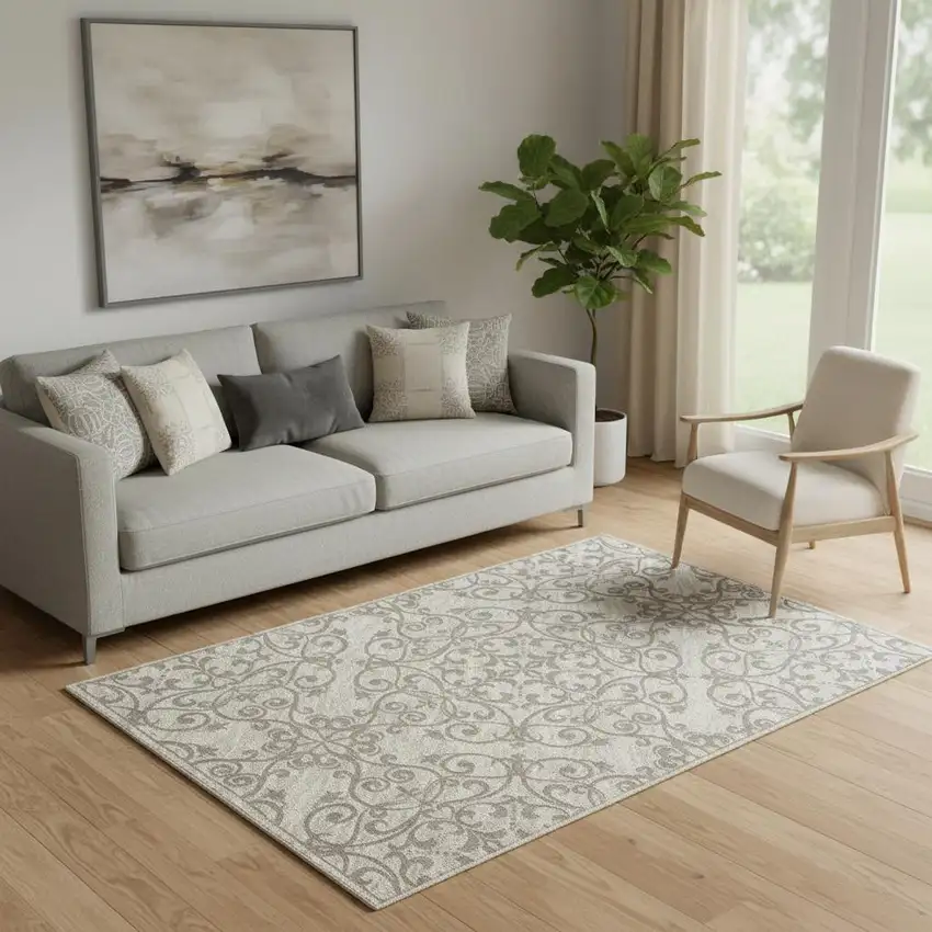 Ivory And Gray Damask Distressed Area Rug Photo 1