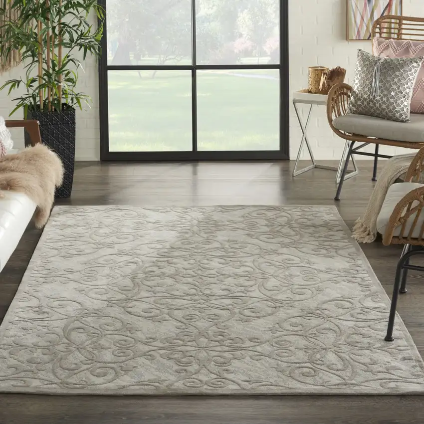 Ivory And Gray Damask Distressed Area Rug Photo 4