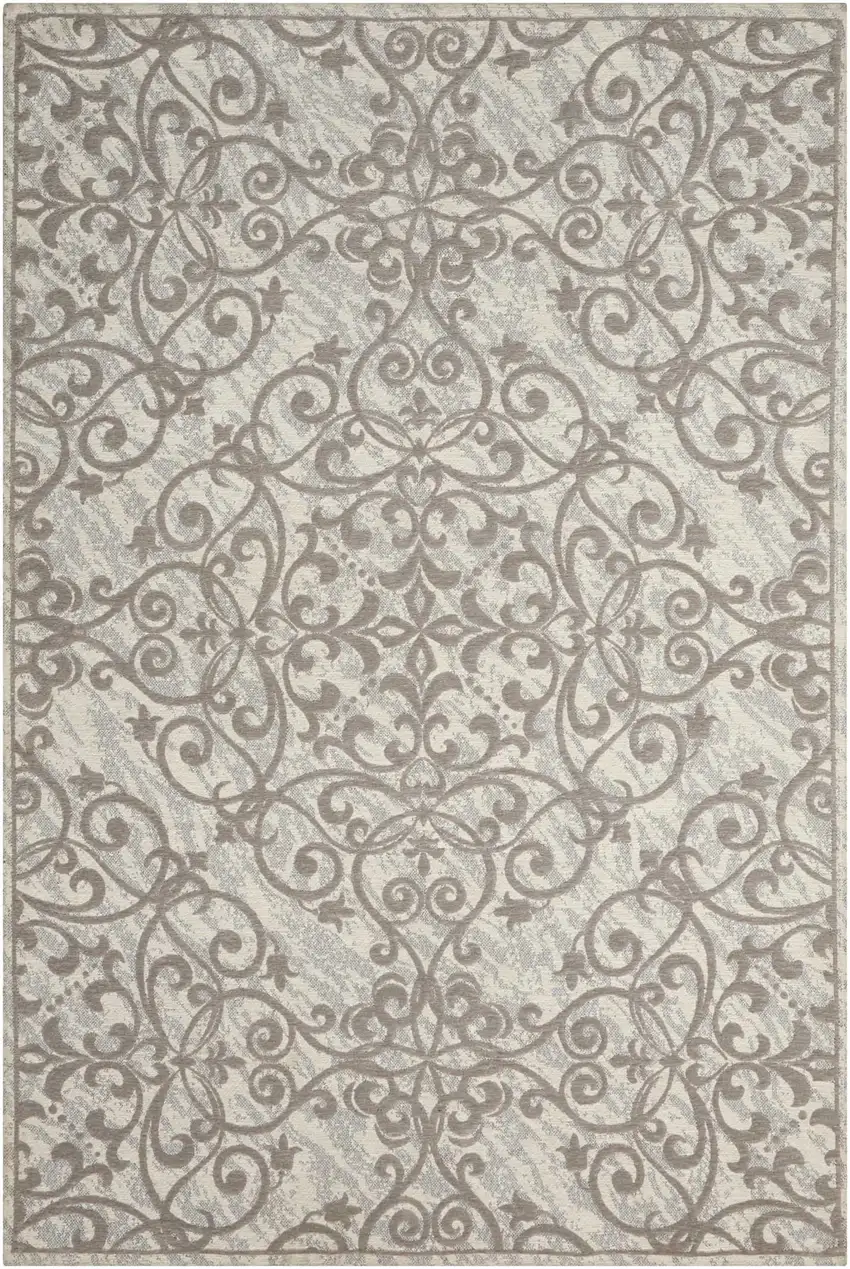 Ivory And Gray Damask Distressed Area Rug Photo 9