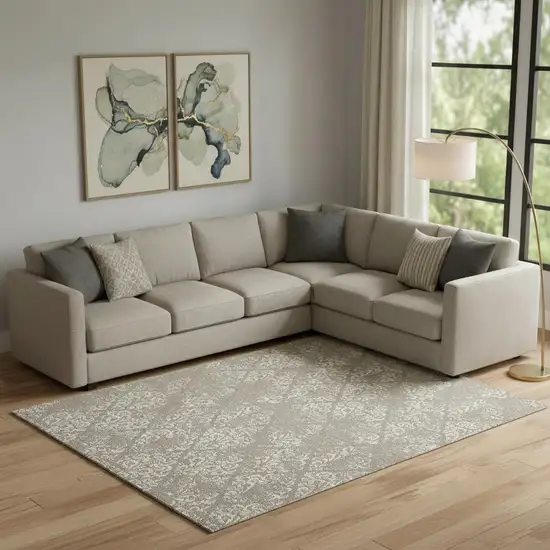 Ivory And Gray Damask Distressed Area Rug Photo 1