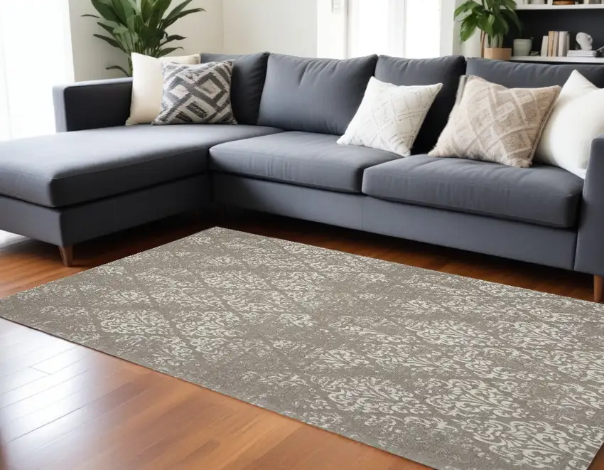 Ivory And Gray Damask Distressed Area Rug Photo 1