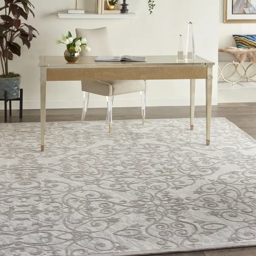 Ivory And Gray Damask Distressed Area Rug Photo 5