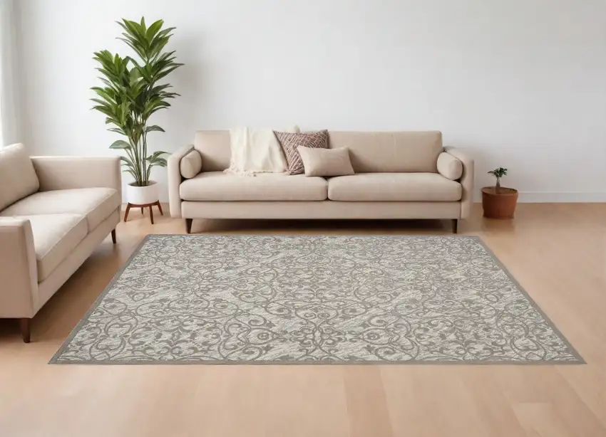 Ivory And Gray Damask Distressed Area Rug Photo 1
