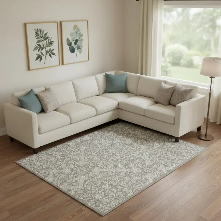 Ivory And Gray Damask Distressed Area Rug Photo 1