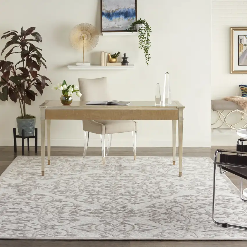 Ivory And Gray Damask Distressed Area Rug Photo 6