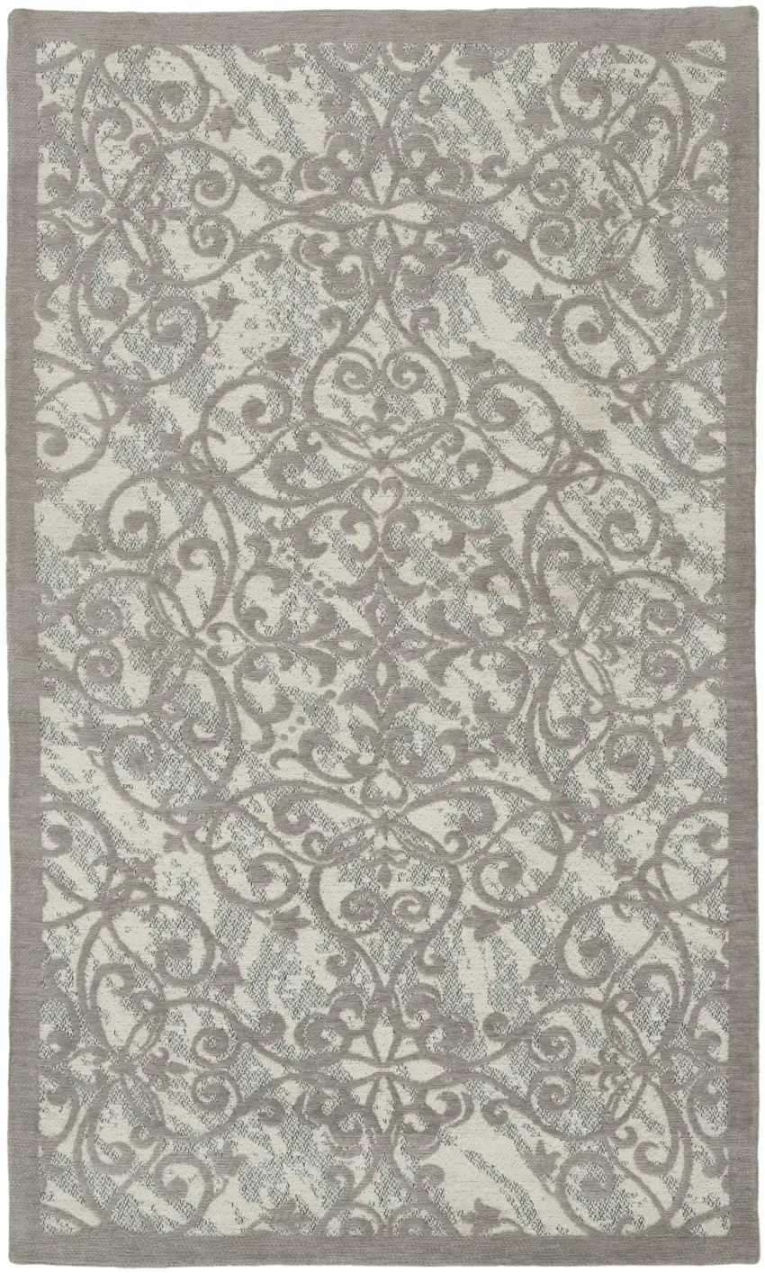 Ivory And Gray Damask Distressed Area Rug Photo 6
