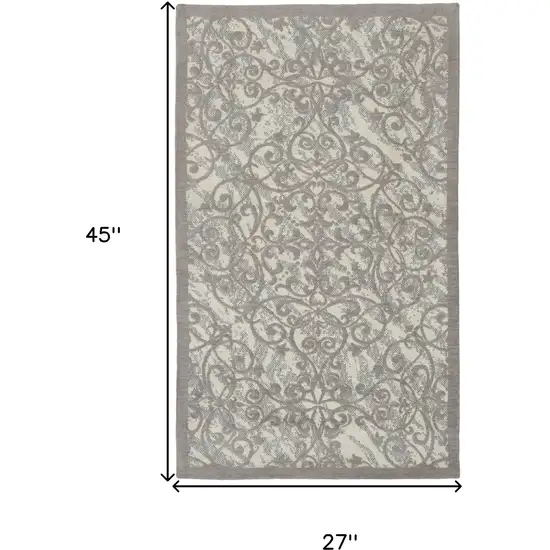 Ivory And Gray Damask Distressed Area Rug Photo 3