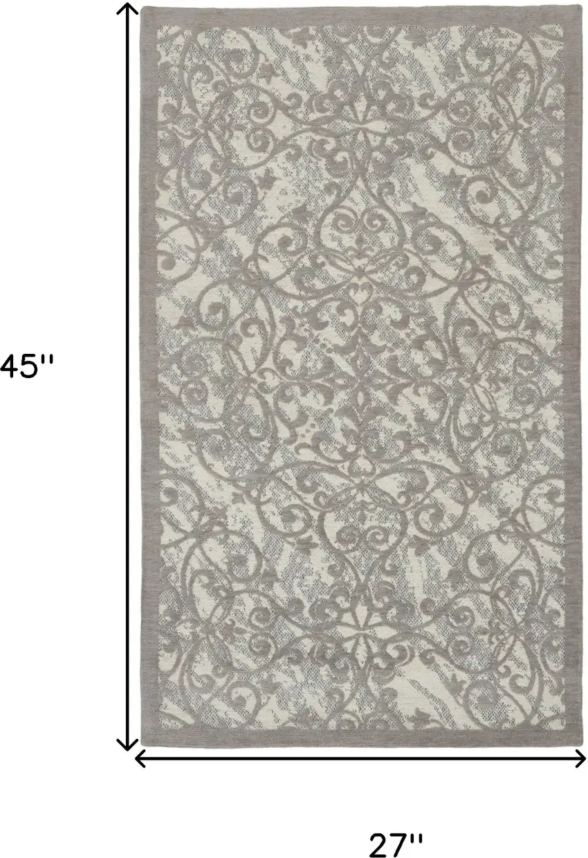 Ivory And Gray Damask Distressed Area Rug Photo 3