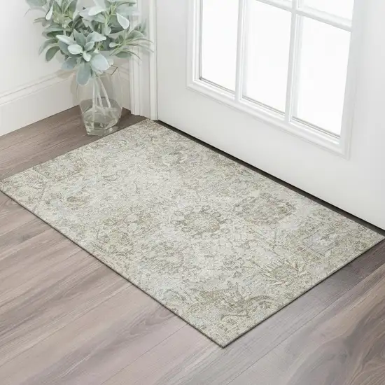 Ivory And Gray Damask Washable Area Rug With UV Protection Photo 2
