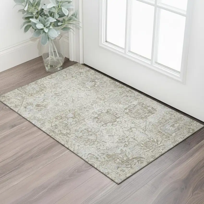 Ivory And Gray Damask Washable Area Rug With UV Protection Photo 2