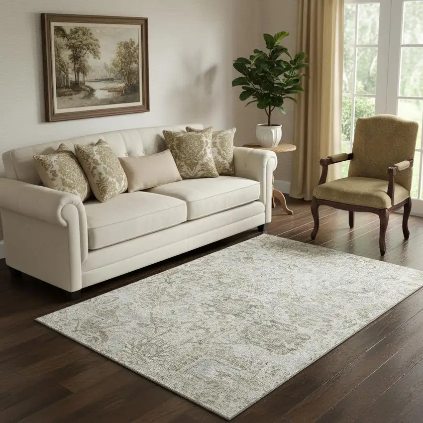 Ivory And Gray Damask Washable Area Rug With UV Protection Photo 2