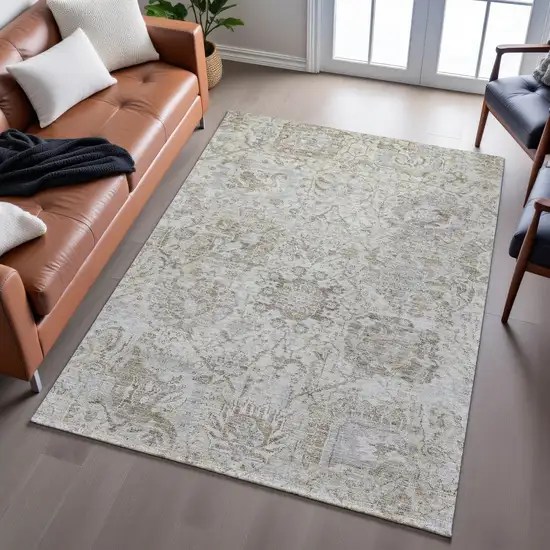 Ivory And Gray Damask Washable Area Rug With UV Protection Photo 5