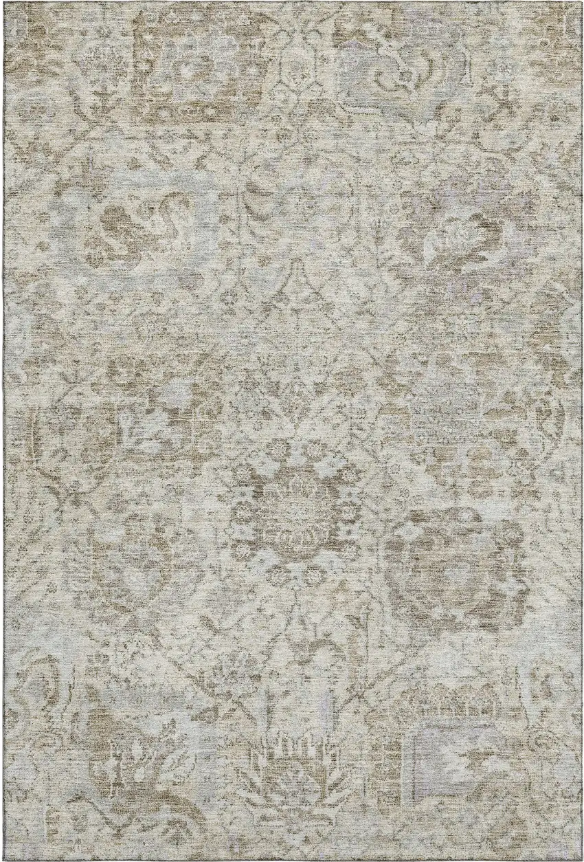 Ivory And Gray Damask Washable Area Rug With UV Protection Photo 1