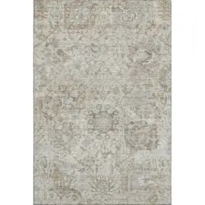 Photo of Ivory And Gray Damask Washable Area Rug With UV Protection