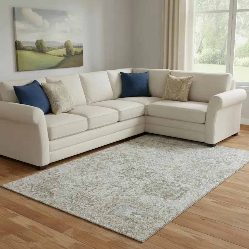 Ivory And Gray Damask Washable Area Rug With UV Protection Photo 2