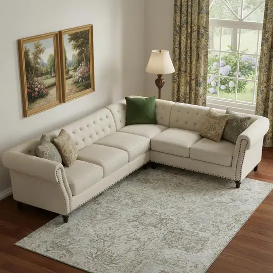 Ivory And Gray Damask Washable Area Rug With UV Protection Photo 2