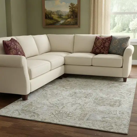 Ivory And Gray Damask Washable Area Rug With UV Protection Photo 2