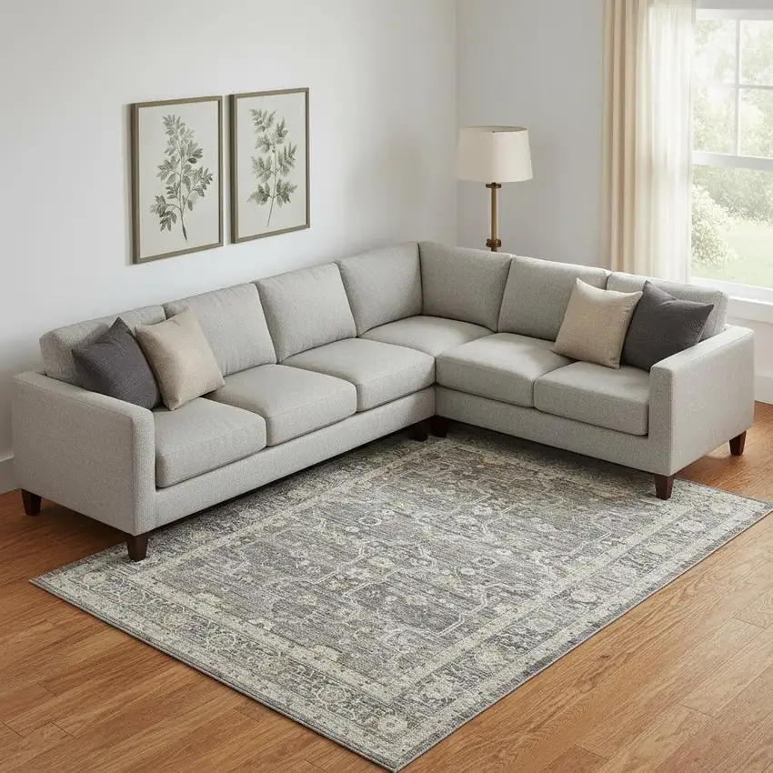 Ivory And Gray Floral Distressed Area Rug Photo 1