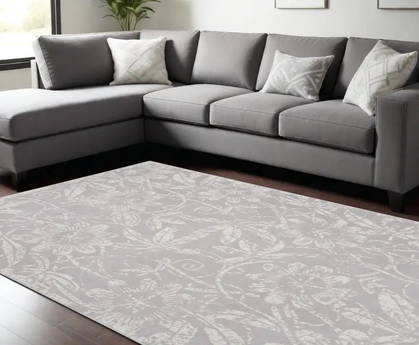 Ivory And Gray Floral Distressed Area Rug Photo 1