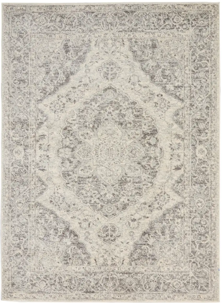 Ivory And Gray Floral Medallion Distressed Area Rug Photo 8