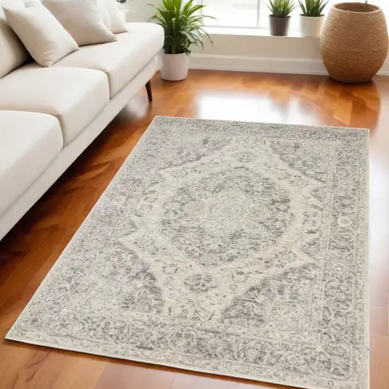 Ivory And Gray Floral Medallion Distressed Area Rug Photo 1