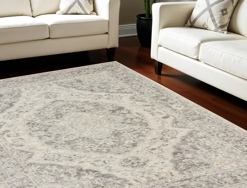 Ivory And Gray Floral Medallion Distressed Area Rug Photo 1