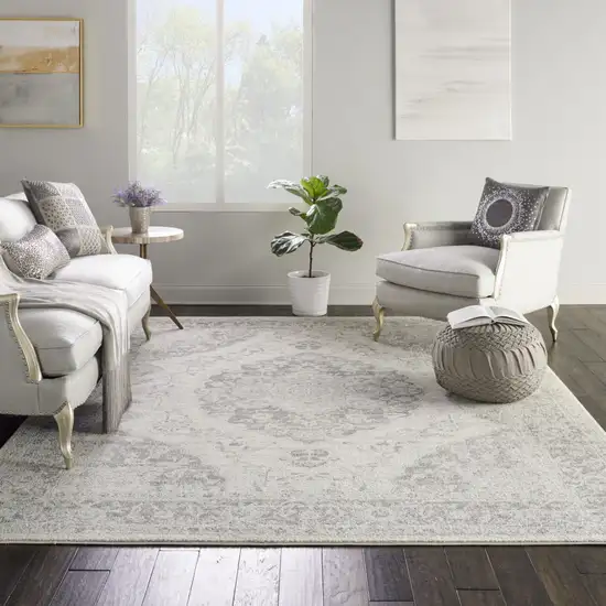 Ivory And Gray Floral Medallion Distressed Area Rug Photo 4