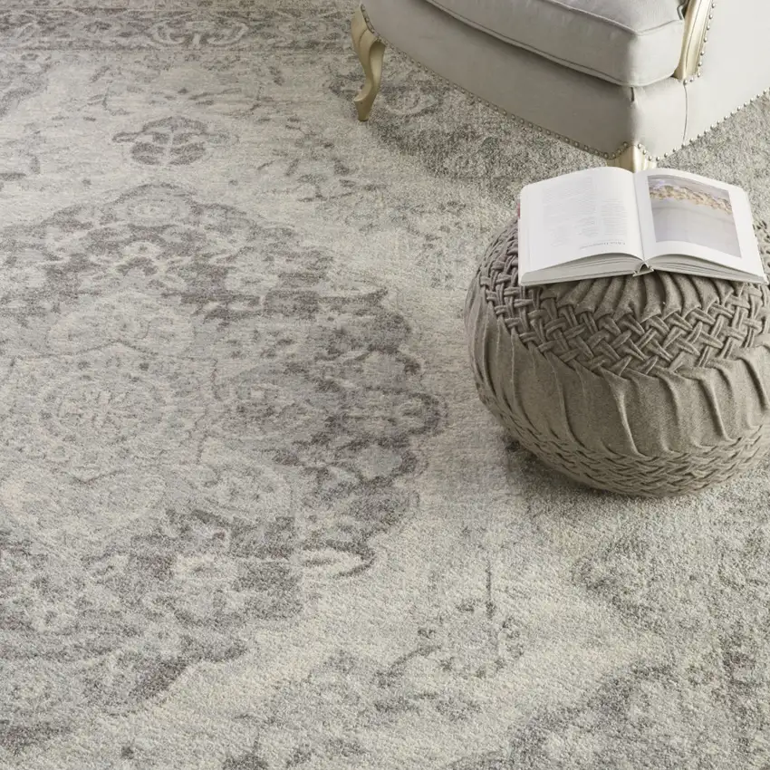 Ivory And Gray Floral Medallion Distressed Area Rug Photo 9