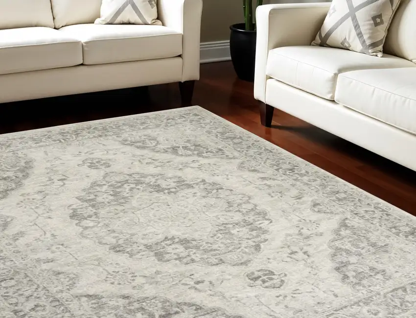 Ivory And Gray Floral Medallion Distressed Area Rug Photo 1