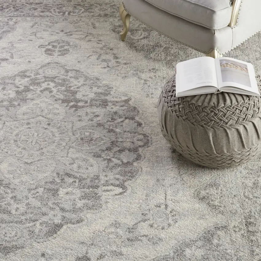 Ivory And Gray Floral Medallion Distressed Area Rug Photo 8