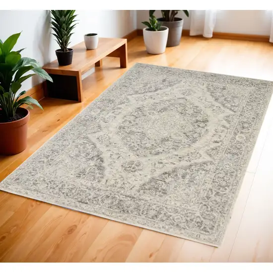 Ivory And Gray Floral Medallion Distressed Area Rug Photo 1
