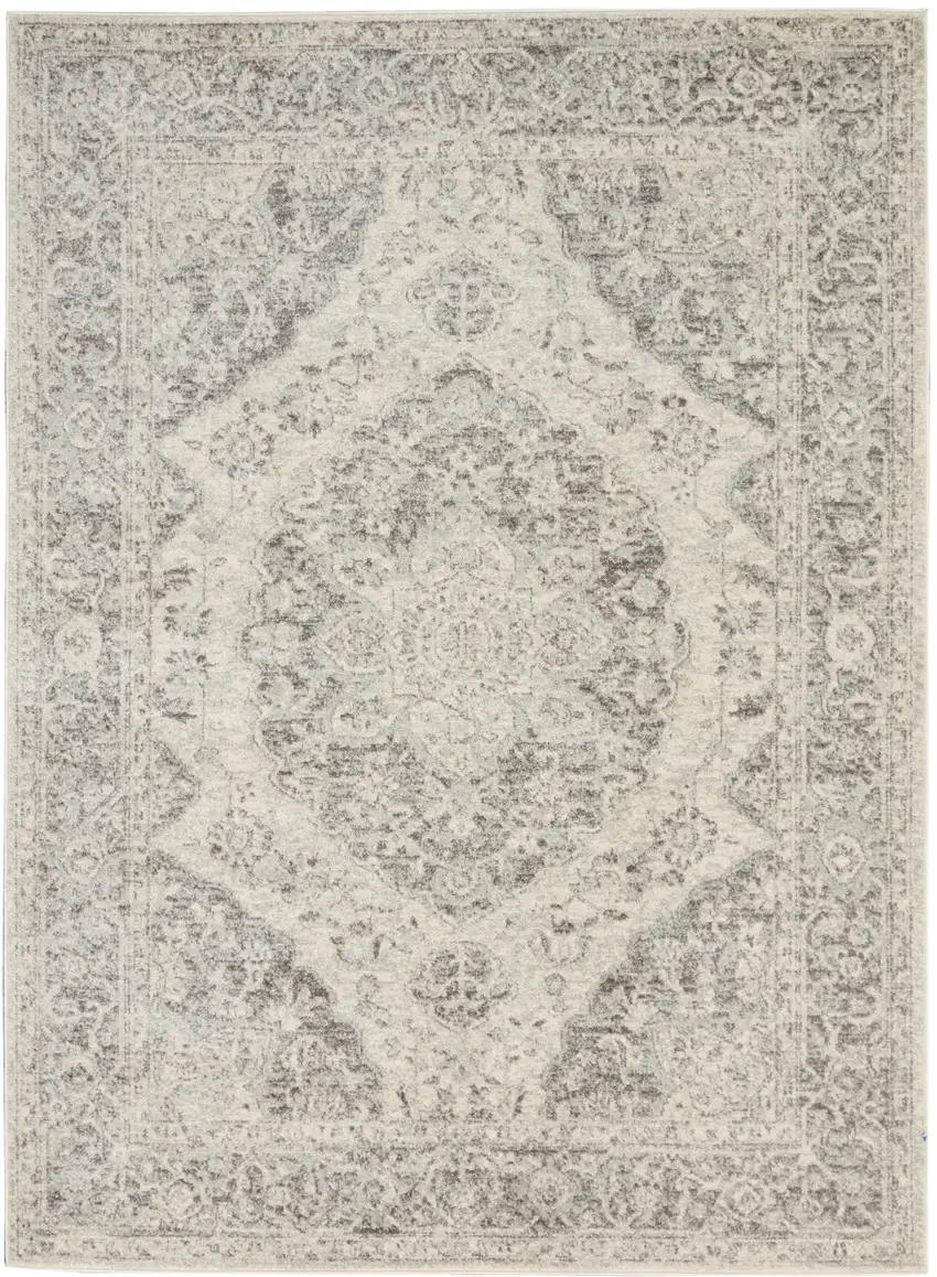 Ivory And Gray Floral Medallion Distressed Area Rug Photo 1
