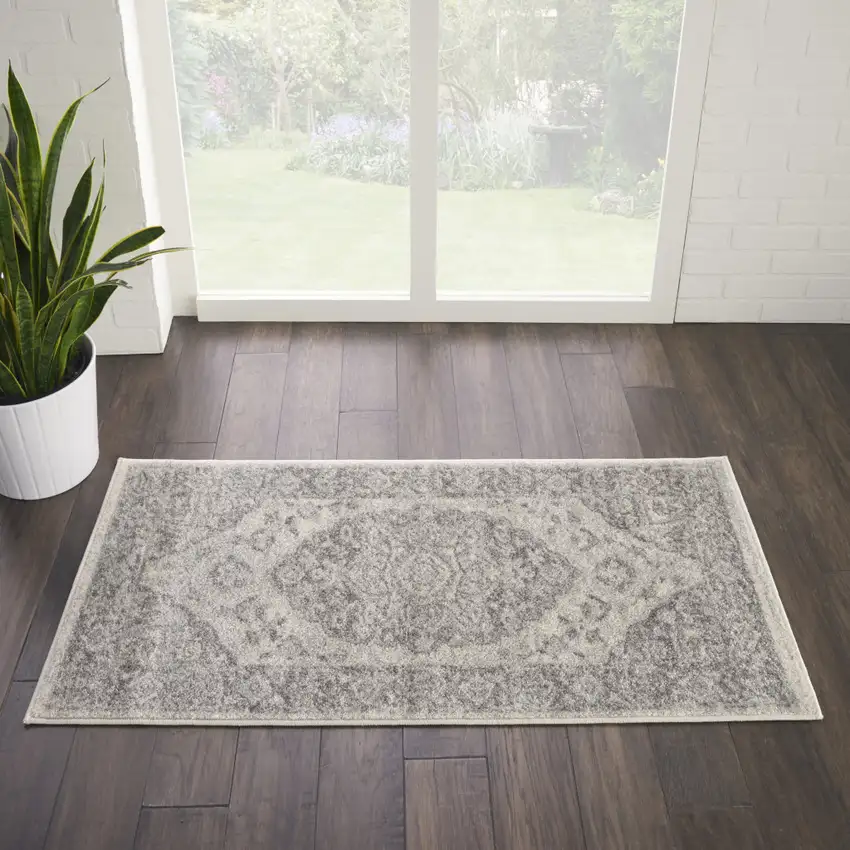 Ivory And Gray Floral Medallion Distressed Area Rug Photo 5
