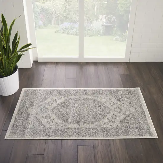 Ivory And Gray Floral Medallion Distressed Area Rug Photo 9