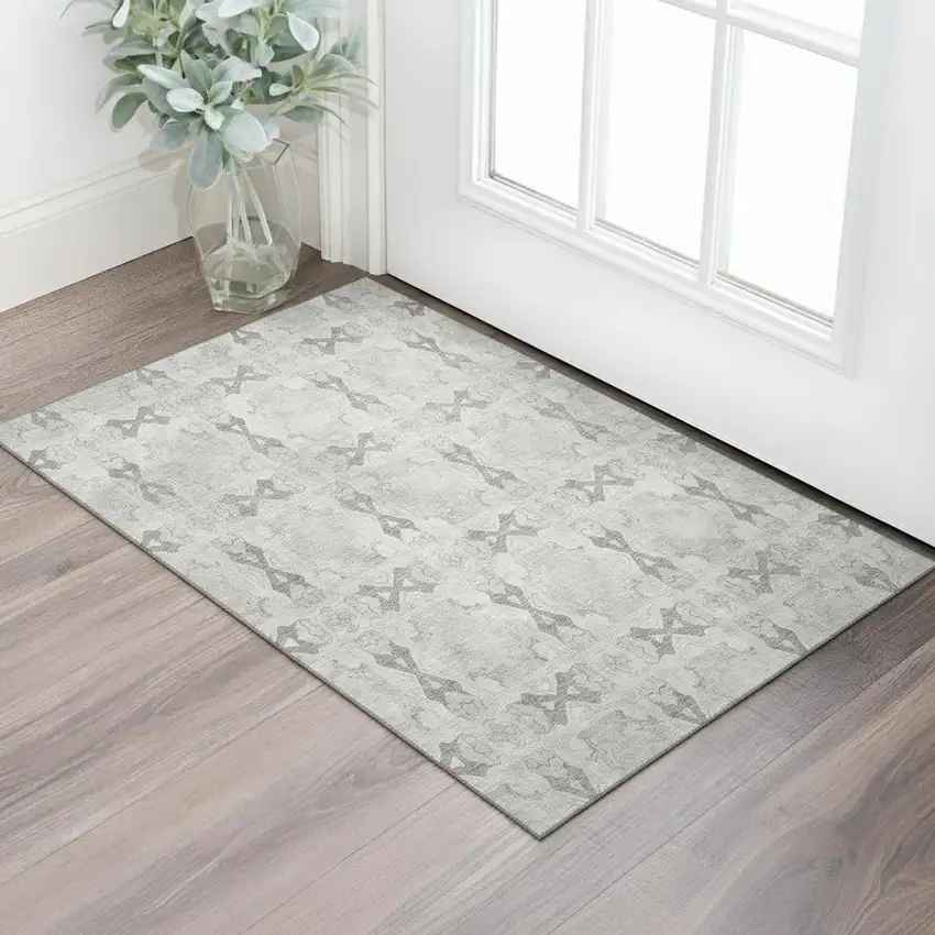 Ivory And Gray Floral Medallion Washable Area Rug With UV Protection Photo 1