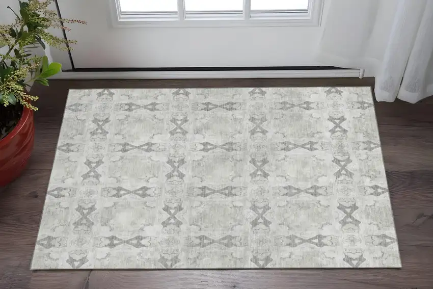Ivory And Gray Floral Medallion Washable Area Rug With UV Protection Photo 2